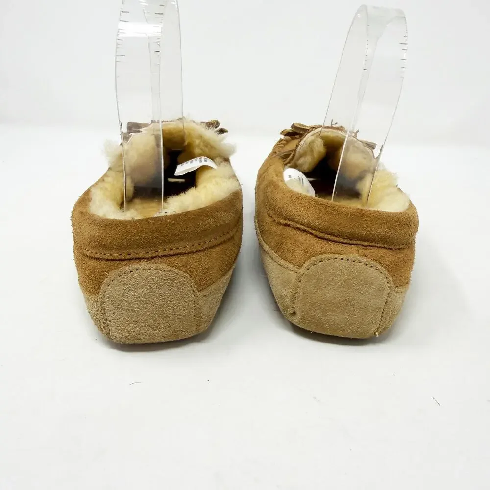 LL Bean Tan Suede Shearling Moccasin Slippers Kids Size 2 EUC Tie Bow Detail